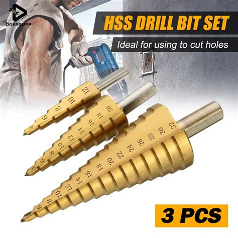 Doersupp 3pcs HSS Titanium Coated Step Drill Bit Metal 3 12mm 4 12mm 4