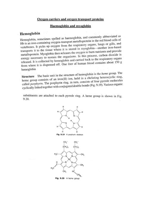 Haemoglobin And Myoglobin Msc Chemistry Oxygen Carriers And Oxygen