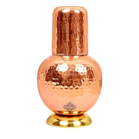 Indian Art Villa Pure Copper Bedroom Water Bottle With Inbuilt Glass