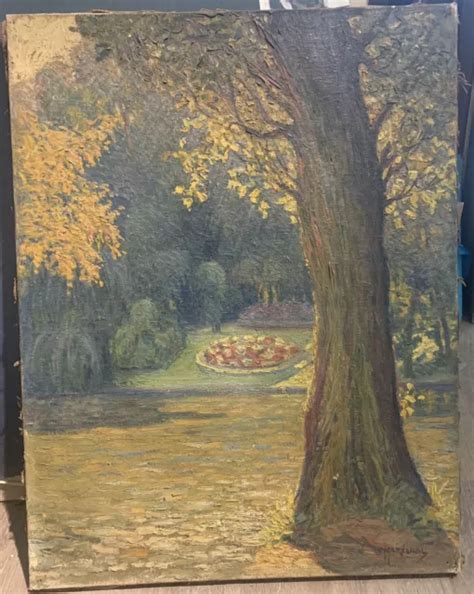 TABLEAU ANCIEN HUILE Paysage Impressionniste Victor Maréchal Jardin