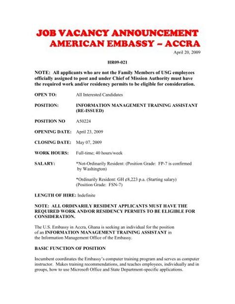 Job Vacancy Announcement Embassy Of The United States Accra