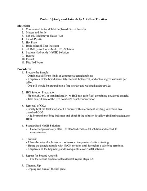 Pre Lab 3 Analysis Of Antacids By Acid Base Titration Pre Lab 3