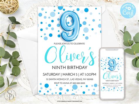 Editable Boy Ninth Birthday Invitation Boy Th Birthday Party Polka