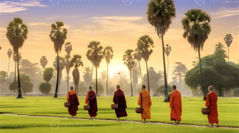 Buddhist Monks Walking Across Green Field With Palm Trees In Morning