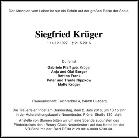 Traueranzeigen Von Siegfried Kr Ger Sh Z Trauer