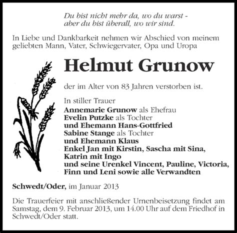 Traueranzeigen von Helmut Grunow Märkische Onlinezeitung Trauerportal