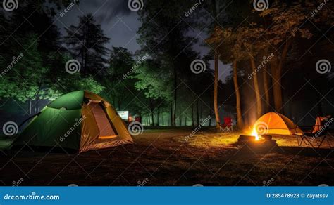 Camping in the Night with Fire Stock Photo - Image of equipment, forest: 285478928