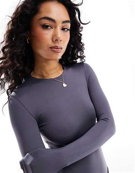 Stradivarius Seamless Long Sleeve Bodysuit In Charcoal Asos