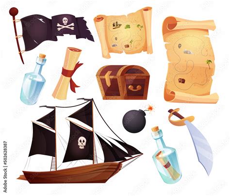 Pirates Set Icons In Cartoon Style Flag With White Skull And Crossing Bones Waving Black Flag