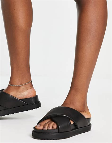 Selected Femme Leather Sliders In Black Asos