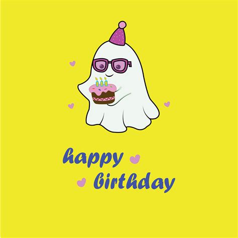 flying cute ghost with cake wishing happy birthday. Yellow greeting ...