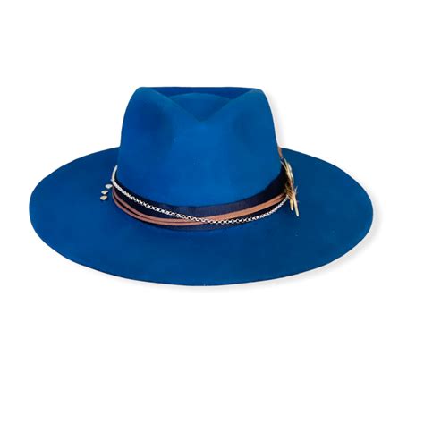 Blue Wool Fedora Hat w/ Two Big Feathers - Kamarhats.com