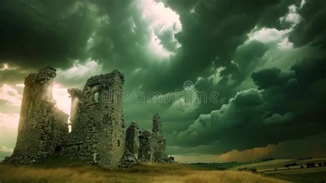 A Castle Stands Proudly on Top of a Hill, Its Stone Walls Contrasting Against the Cloudy Sky ...