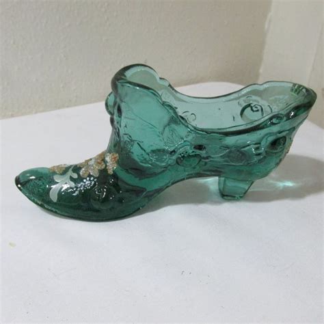 Fenton Shoe Aqua Vintage Hand Painted Signed Glass Slipper Etsy Glass Shoes Glass Slipper