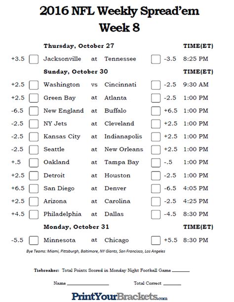 Nfl Week 8 Pick Em Against The Spread Sheets Printable