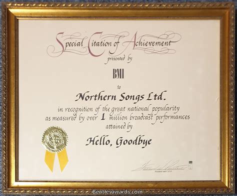 The Beatles Hello Goodbye BMI Broadcast Award To Northern Songs