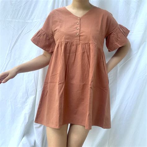 Chocochips Dress V Neck Brick Brown Flare Mini Korean Korea Loose Earth