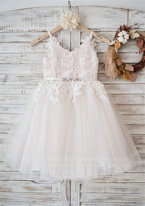 A Line Princess Knee Length V Neck Lace Tulle Flower Girl Dress With