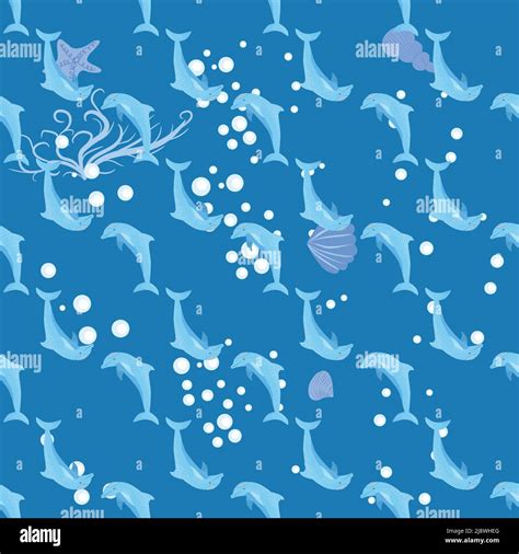 Dolphin Sea Inhabitants Seamless Pattern Beautiful Character Among