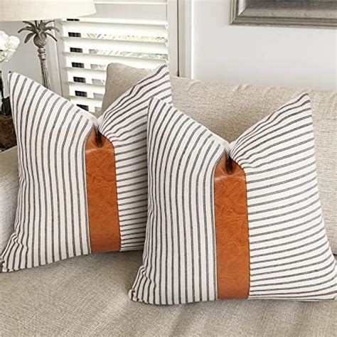 Merrycolor Set Of 2 Faux Leather And Linen Throw Pillow