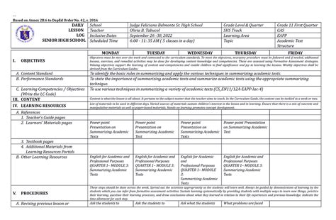 Daily Lesson Log Dll Template Based On Annex B To Deped Order No My Hot Sex Picture