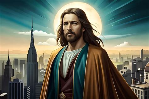 Premium AI Image A Painting Of Jesus Standing In Front Of A City Skyline