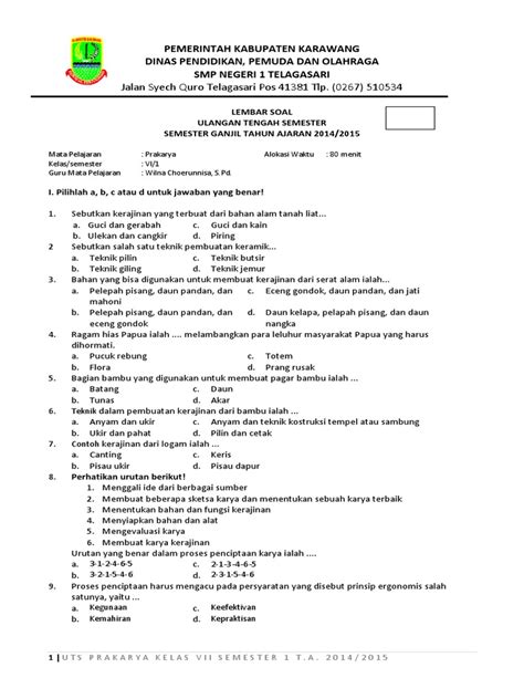 Soal Uts Smp Kelas 7 Semester 1