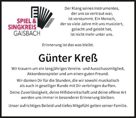 Traueranzeigen von Günter Kreß trauerundgedenken de