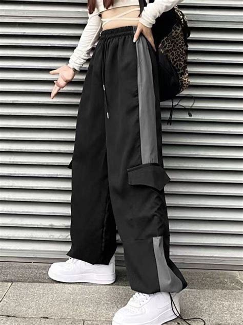 Emmiol Free Shipping Contrasting Baggy Cargo Pants Black M In