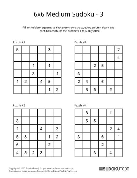 6x6 Medium Sudoku Puzzles Printable