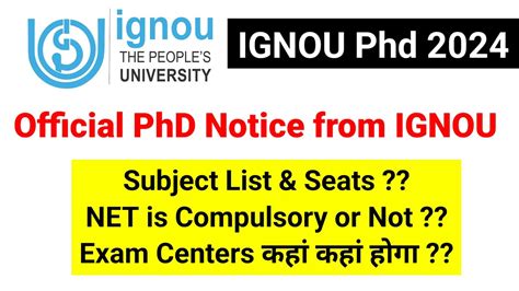 IGNOU PhD Subject List Seats 2024 IGNOU PhD Admission Notification