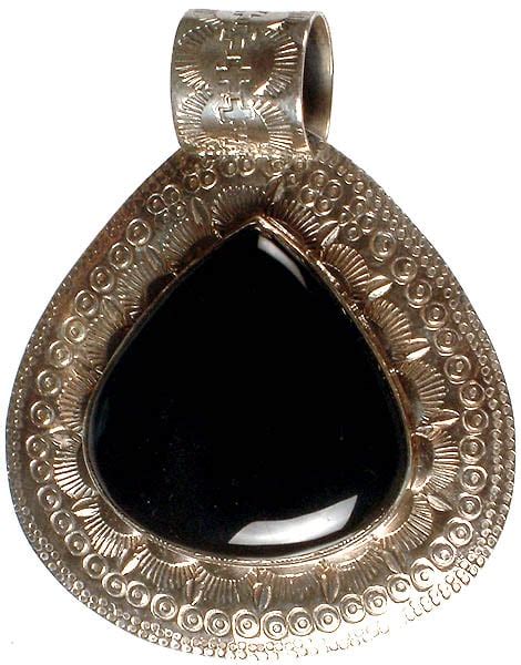 Antiquated Large Tear Drop Black Onyx Pendant Exotic India Art