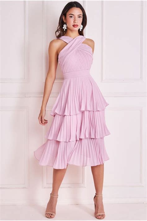 Goddiva Pleated Bodice Chiffon Tiered Midi Blush Blush 10