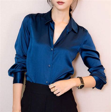 Tienda Online S xxxl moda mujeres oscuro azul del satén de seda blusa