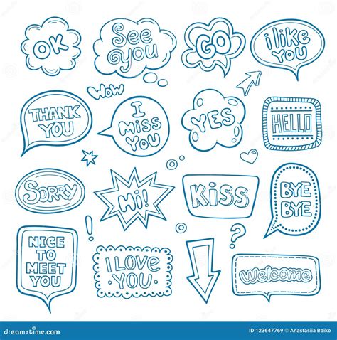 Hand Drawn Set Of Speech Bubbles With Dialog Words Stock Vector