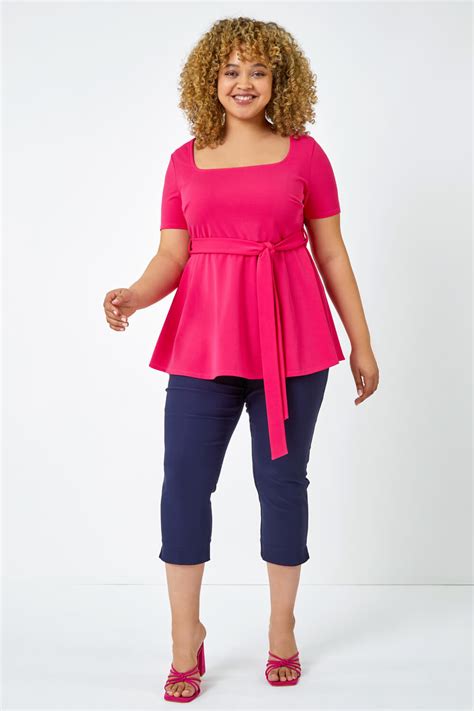 Curve Stretch Belted Peplum Top In Pink Roman Originals Uk