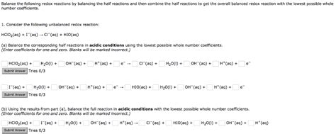 Solved Balance the following redox reactions by balancing | Chegg.com 