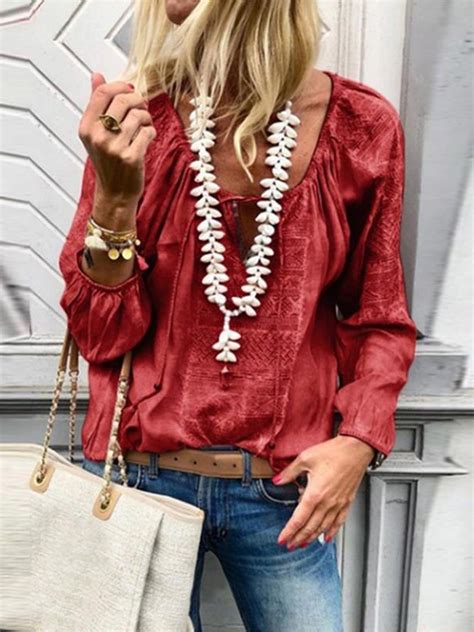 Lace Up Fashion V Neck Long Sleeve Blouses Anniecloth