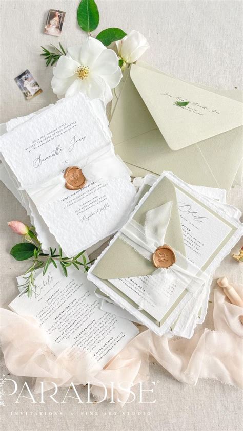 Sage Envelopes Deckled Edges Wedding Invitations Silk Ribbons And