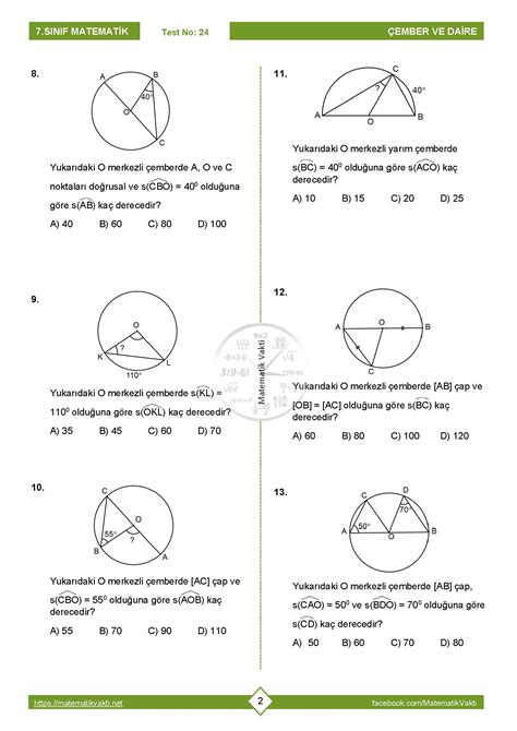 7 Sınıf Çemberde Açılar Testi PDF İndir Matematik Vakti