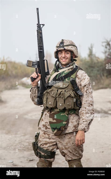 Smiling army soldier, United States Marine Corps infantry shooter in ...