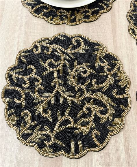 Handmade Beaded Placemat Beaded Tablemat 14 Inch Black Gold Etsy Uk