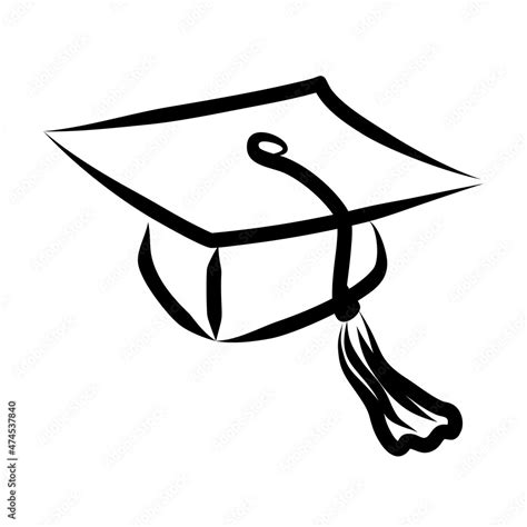 Simple black and white outline square academic cap icon. Hand-drawn graduation vector symbol ...