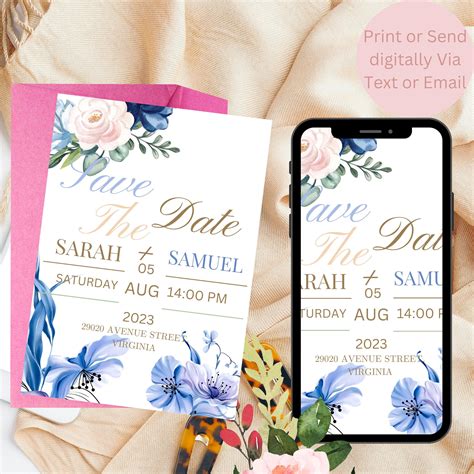 Floral Save The Date Template Modern And Classic Blue Etsy Uk