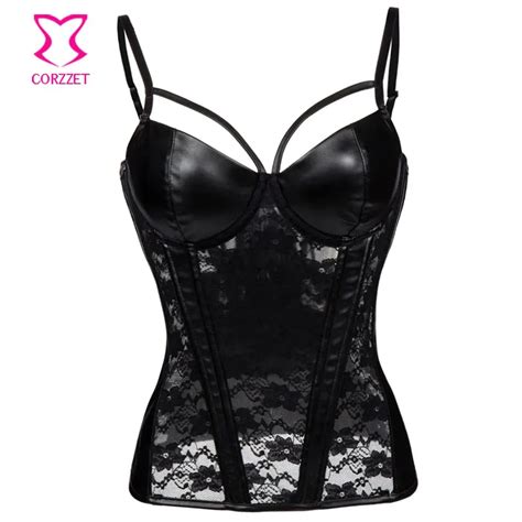 Black Floral Lace And Faux Leather Corset Bustier Tops Push Up Corsets