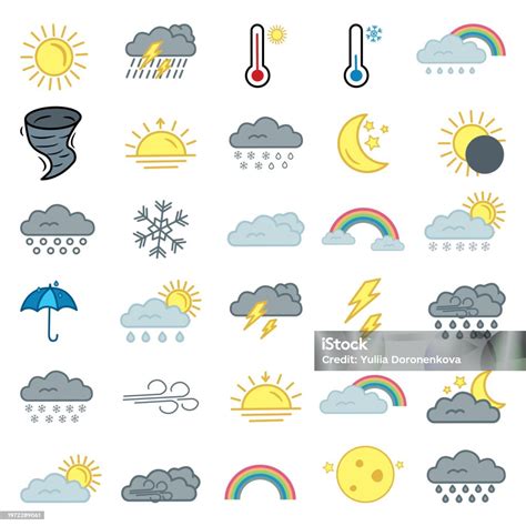 Set Of 30 Colored Weather Icons Collection Of Meteorological Symbols Vector Illustration Stock