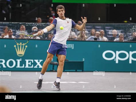 Carlos Alcaraz Esp In Action During The Rolex Paris Masters 2021