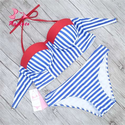 Pacento Bikinis Set Striped Bikini Push Up Bra Sexy Women Swimsuit Plus