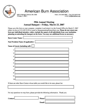 Fillable Online Ameriburn Banquet Seating Form American Burn