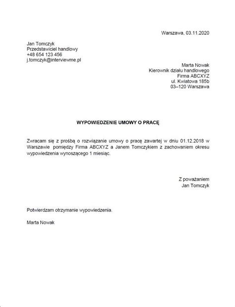 Wypowiedzenie umowy o pracę z okresem wypowiedzenia wzór